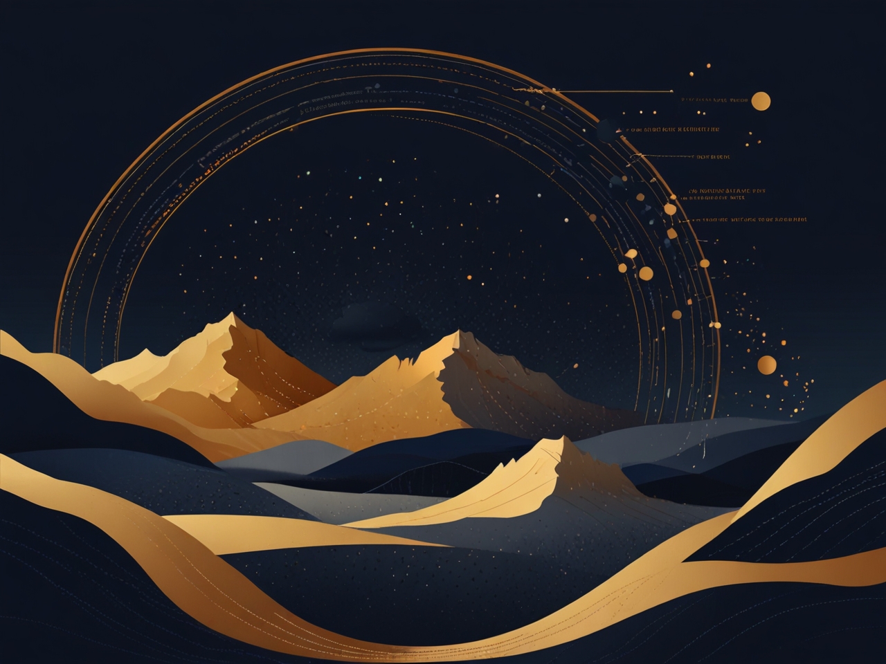 Network constellation — gold orbital rings and copper flight arcs tracing the VALORRA travel settlement graph